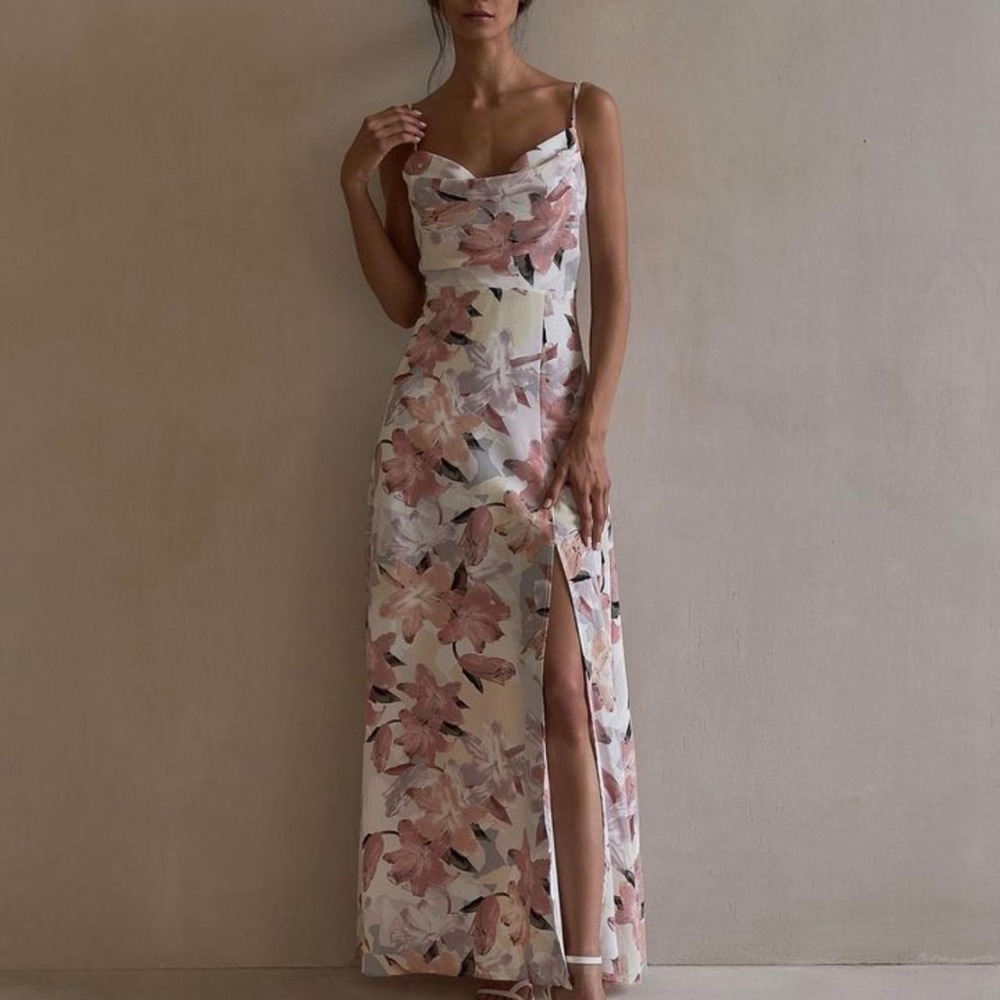 Lichi Floral Cowl Neck Maxi Dress Cottagecore Cream XS Side Slit dr04302